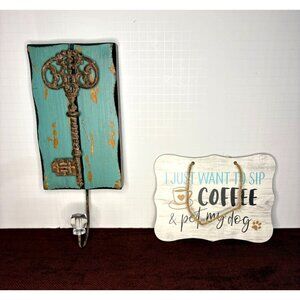 Vintage-Style Key Wall Hook & Rustic Coffee Quote Hanging Sign